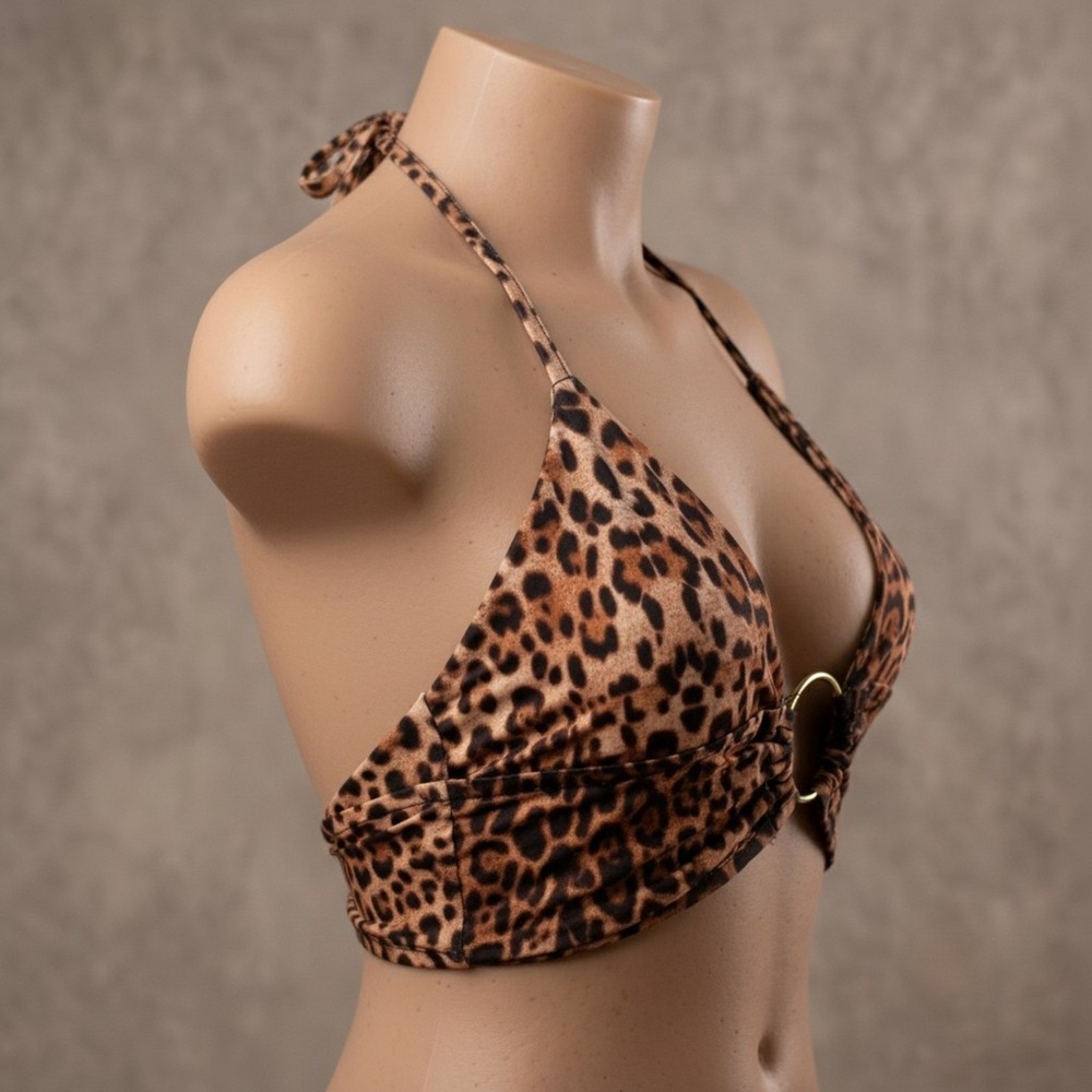 New XS Brown Leopard Print O-Ring Halter Crop Top Y2k Retro Tank Backless
